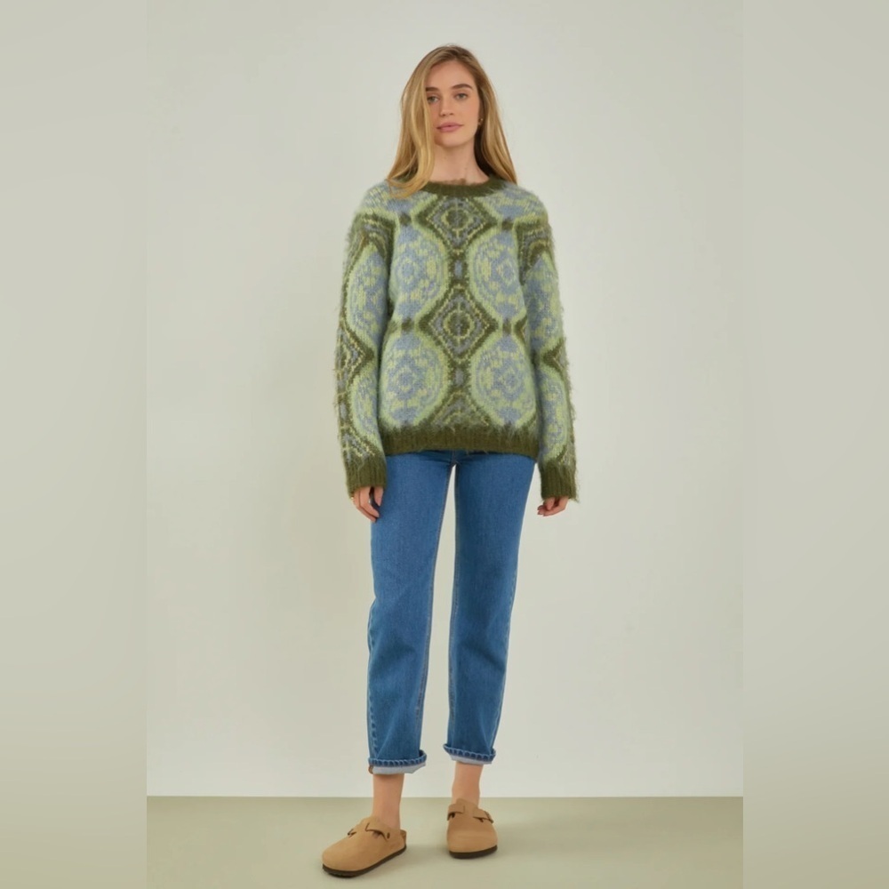 English Factory Green & Light Blue Patterned Crewneck Sweater